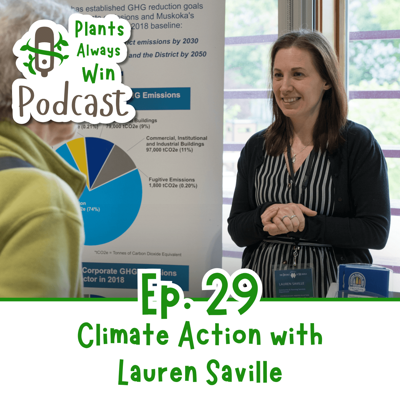 The thumbnail for Plants Always Win podcast episode 29, Climate Action with Lauren Saville, shows a dark-haired, white-skinned, young woman in professional clothing speaking with a member of the public at a booth stocked with literature about environmental initiatives.