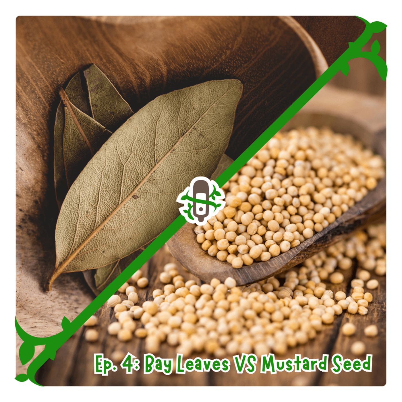 The thumbnail for Plants Always Win podcast episode 4, Bay Leaf vs. Mustard Seed shows two opposing triangles, one containing a dried oval leaf with a pointed tip and the other containing a scoop of spherical yellow seeds.